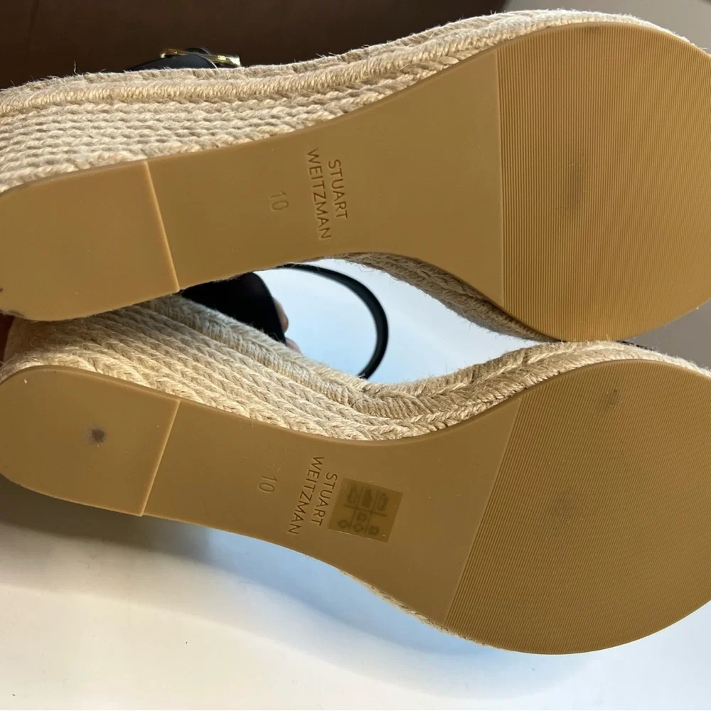 Stuart Weitzman Teddi Wedge Heel Leather Espadrille Sandals Womens 9.5 Black New